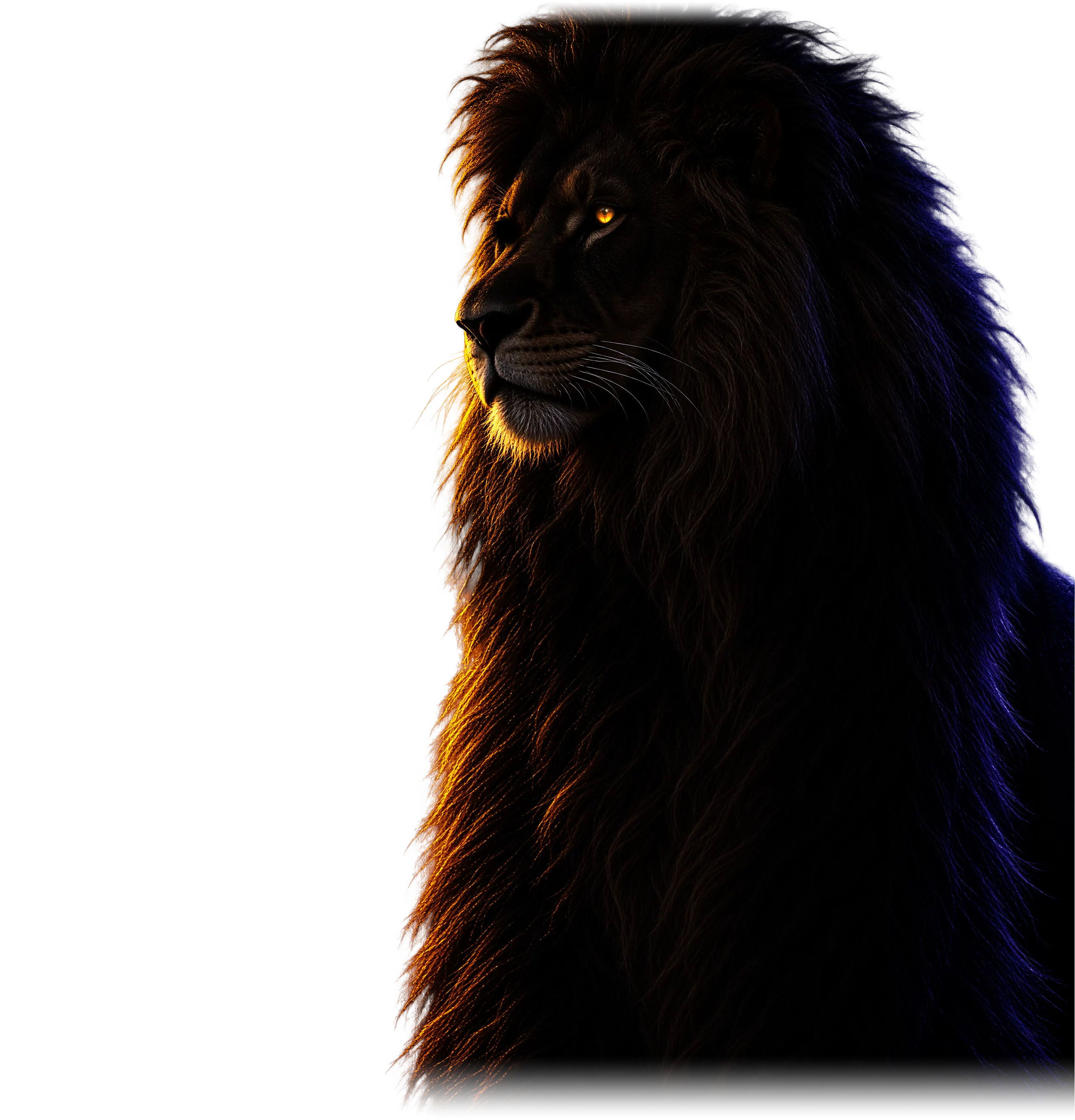 A lion in three-quarter view, one eye lit, rim-lit in orange and violet.